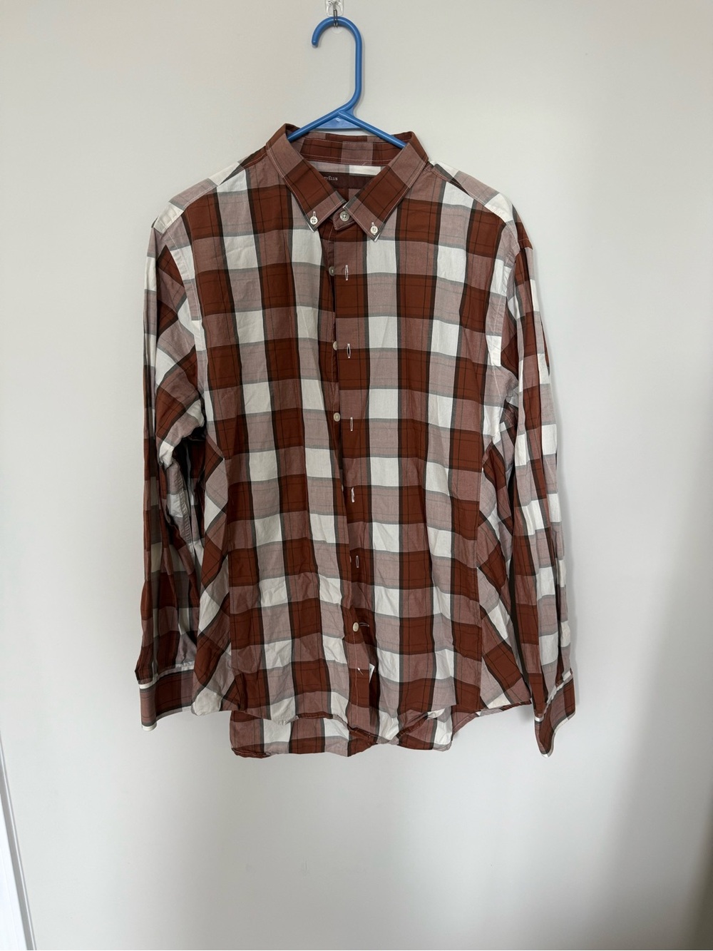 Men's Brown and White Plaid Button-Down Shirt 100% cotton size XL